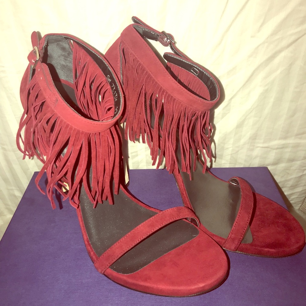 Stuart Weitzman Lovefringe Sandals in Scarlett